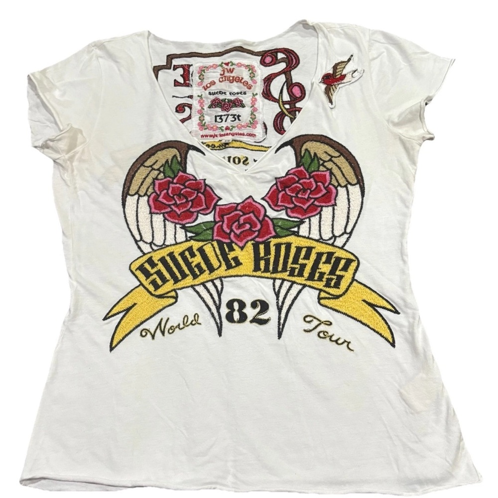 Johnny Was Los Angeles Rare Suede Roses World Tour 82 Embroidery Shirt white XS